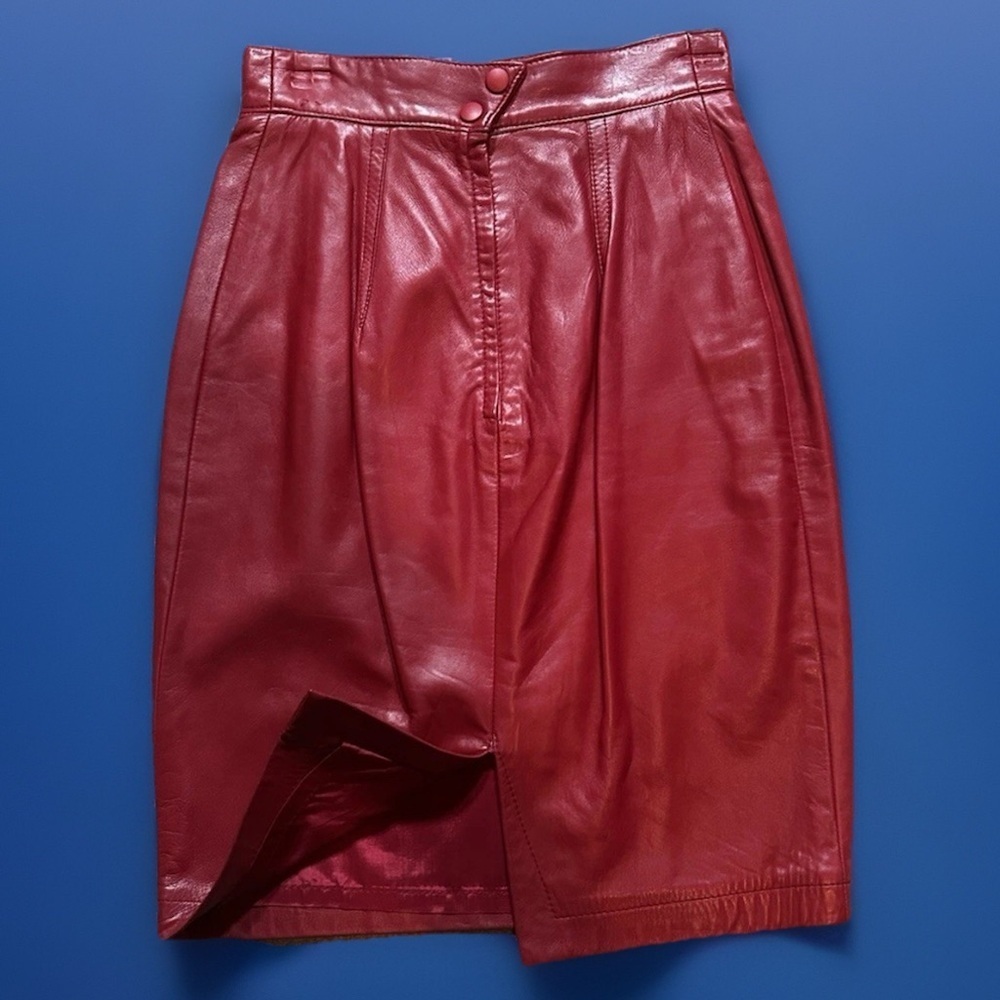 Vintage buttery soft Genuine leather High waist Red Danier Skirt Sz 10 - Picture 3 of 5